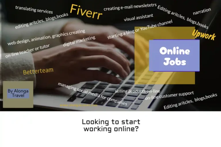 Hands on a keyboard & Fiverr & other online companies & a sign: 'On-line jobs'