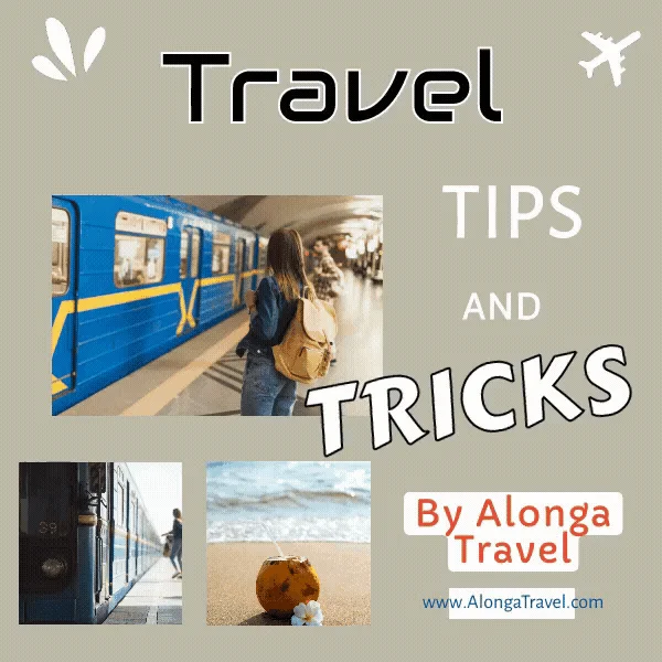 a train with people waiting & a sign: 'Travel tips and tricks by Alonga Travel'
