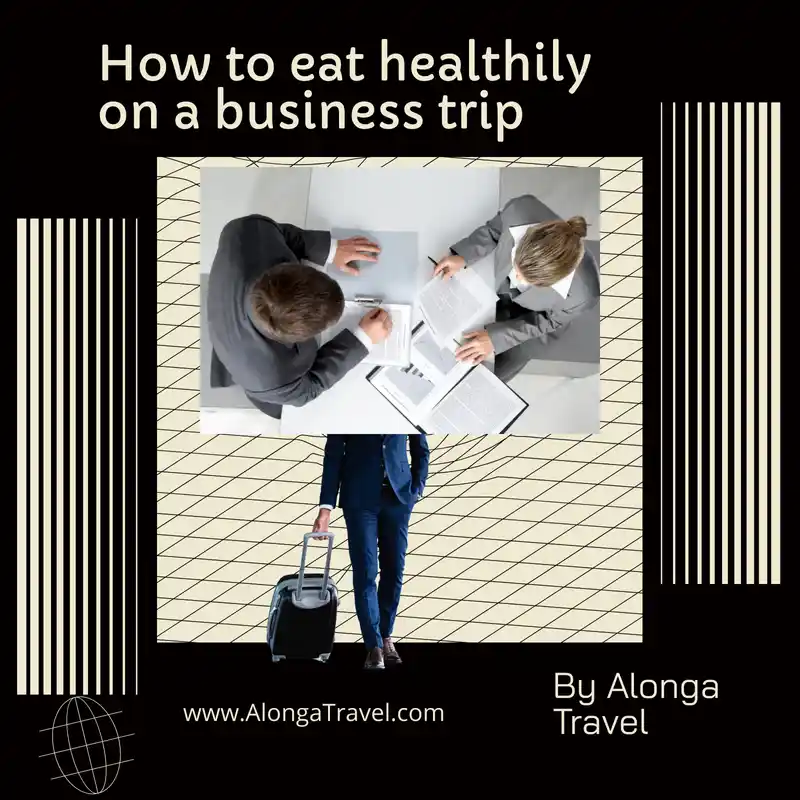 Blac & beige background with a business meeting, & a guy with a 💼 & a sign' how to eat healthy '