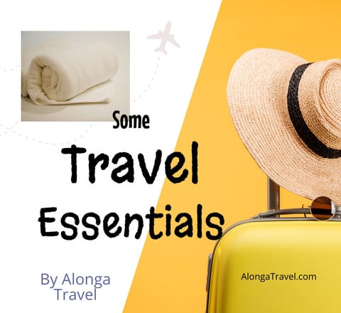 A split image of yellow suitcase with a sun hat on its handle & a travel towel, & custom sign: 'Some travel essentials'