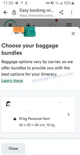 The email kiwi sent me doesn't reflect my previously purchased baggage
