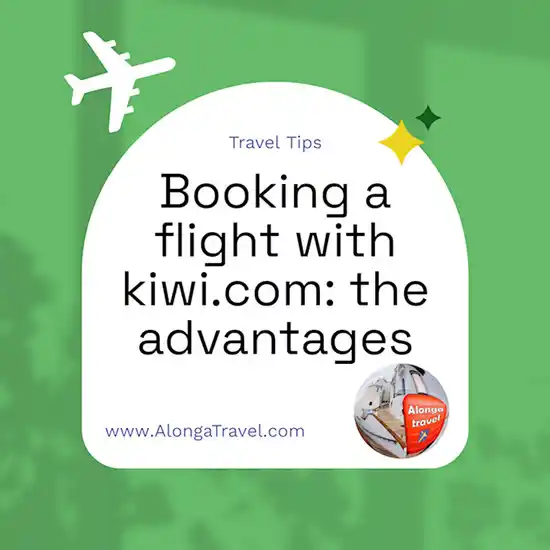 A custom round sign on green background that says 'Booking a flight with kiwi.com: the advantages'