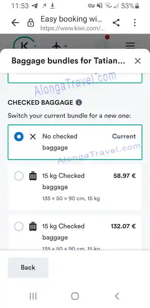 A screenshot of baggage bundles offered for Alonga Travel author during ticket purchase on kiwi.com