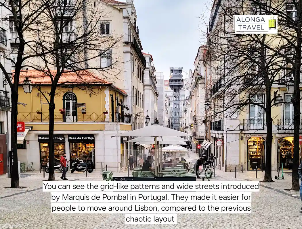 Grid-like wide streets of Lisbon center with people walking resulting from Pombaline reforms planning