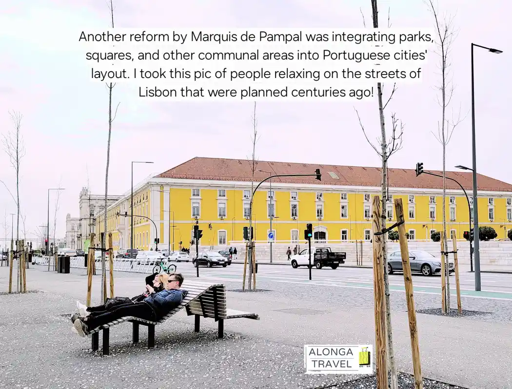 People relaxing on a reclined bench in the area planned for that during Pombaline Reforms