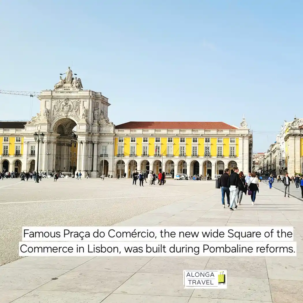 Wide Square of the Commerce built during Pombaline reforms in Lisbon, with people enjoying their walks