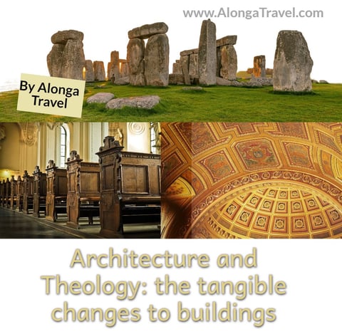 Stonehenge vs modern church & a sign: 'Architecture and Theology the tangible changes to buildings'