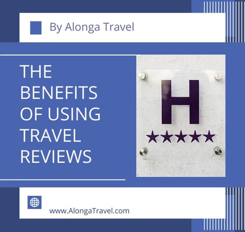 hotel with 5 stars mark & a custom sign: 'Benefits of using travel reviews'