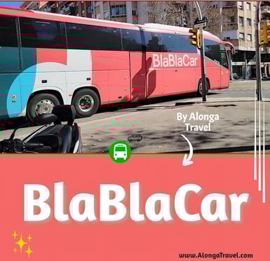 Salmon colored BlahBlaCar bus on a street in Barcelona & a custom sign: 'BlaBlaCar'