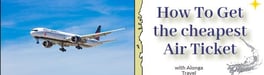 a flying airplane & the sign 'How to get the cheapest air ticket with Alonga Travel'