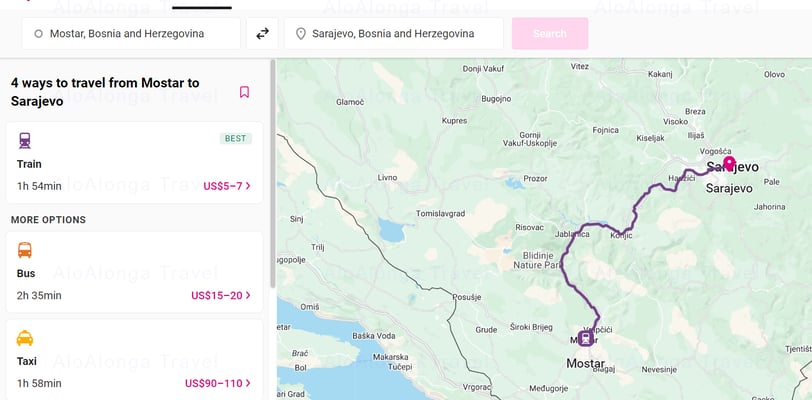 Screenshot from Rome To Rio with a price of train shown cheaper than the same route on a bus