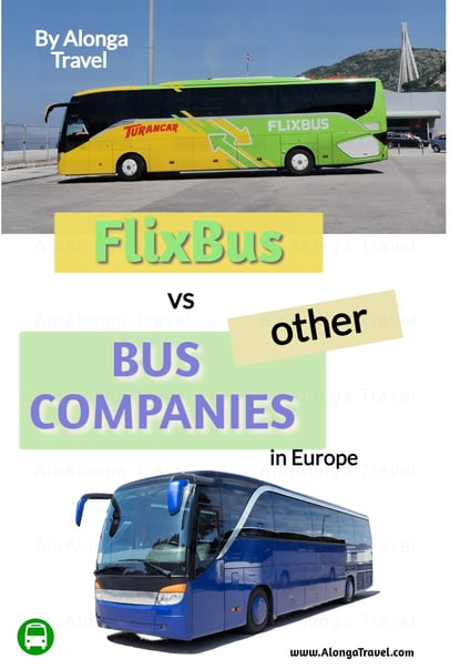 Yellow & green Flix bus & a blue bus below & sign: 'FlixBus vs other bus companies'