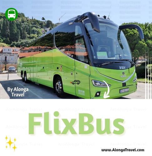 Green FlixBus on Dubrovnik bus station & a custom sign: 'FlixBus'