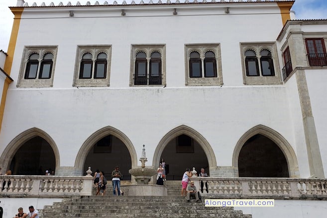 Pointed Gothic arches of white Palace in Sintra