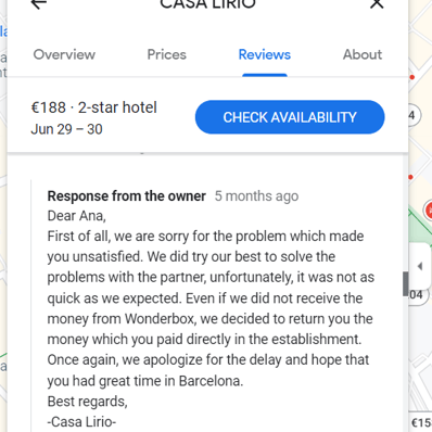 An example of a good hotel owner response with a resolution to a complaint
