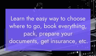 A train on the background & a sign ' Learn the easy way to choose where to go, book everything, etc.