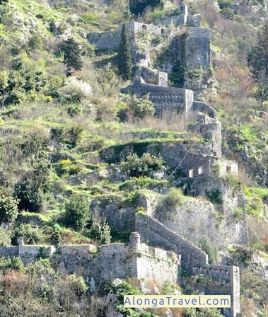 Windy antient walls on a mountain in Kotor town