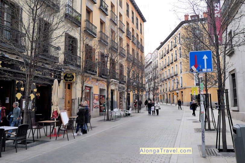 Pretty streets of Madrid with people walking around