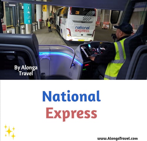 Inside the National Express bus in London with a view of another National Express bus