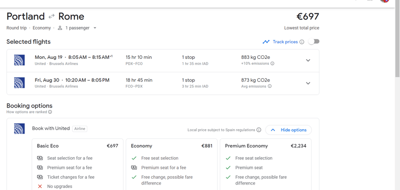 screenshot of an airfare for pdx to Rome for 697 euros