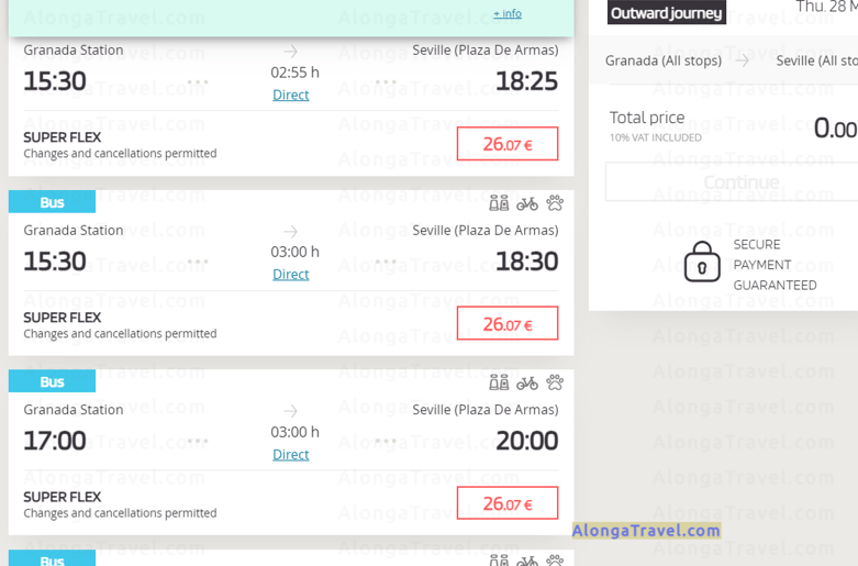 A screenshot of Alonga Travel the author booking $28 Alsa bus to Grenada, Spain