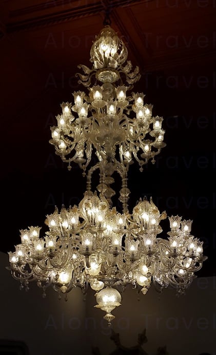 Beautiful chandelier hanging from a ceiling in Sintra National Palace