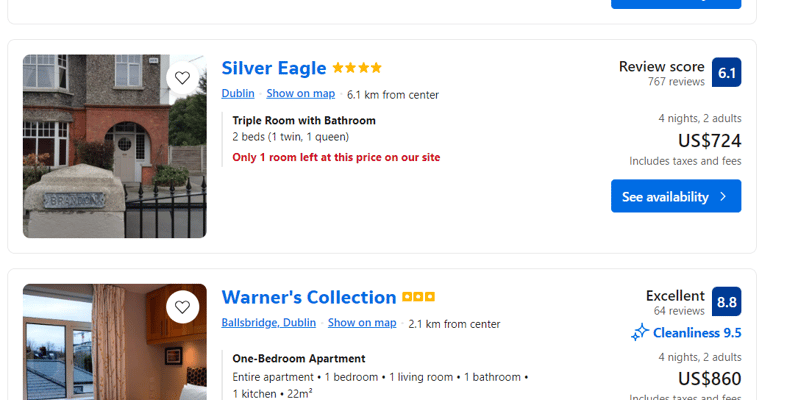 a screenshot of the cheapest room in a hotel in Dublin priced at $175 a night