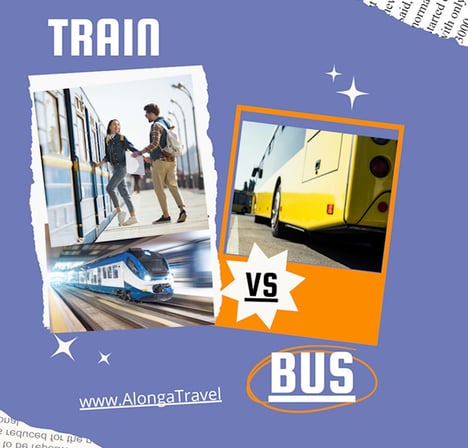 A divided screen with a picture of a train & a bus & a custom sign: 'Train vs Bus'