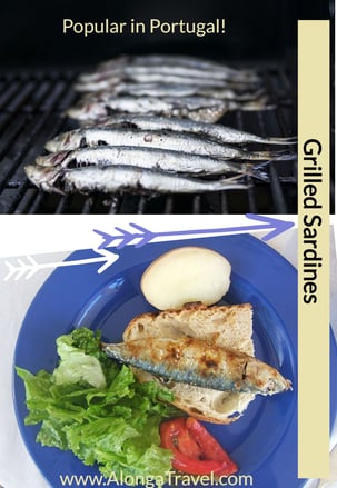 Sardines on a grill, & on a plate, & a custom sign: 'grilled sardines'