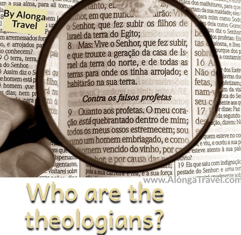 A man holding a magnifying glass over a religious scripture & a custom sign: 'Who are theologians?'