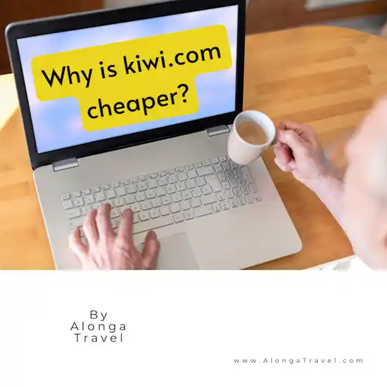An open laptop with a sign on the screen saying 'Why kiwi.com is cheaper'