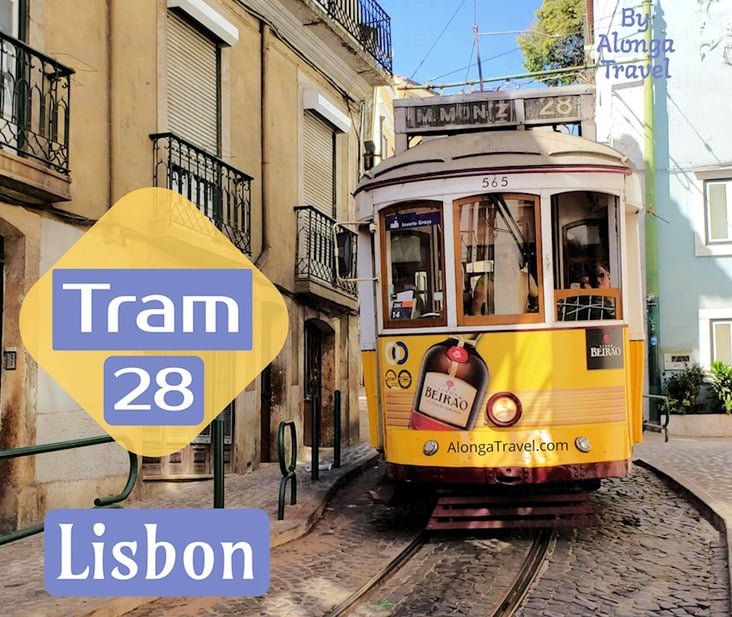 tram 28 Lisbon yellow tram on a cute narrow street & custom sign: 'tram 28'