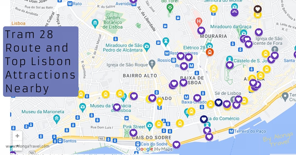 Map of Lisbon & custom sign: 'Tram 28 route & attractions nearby'