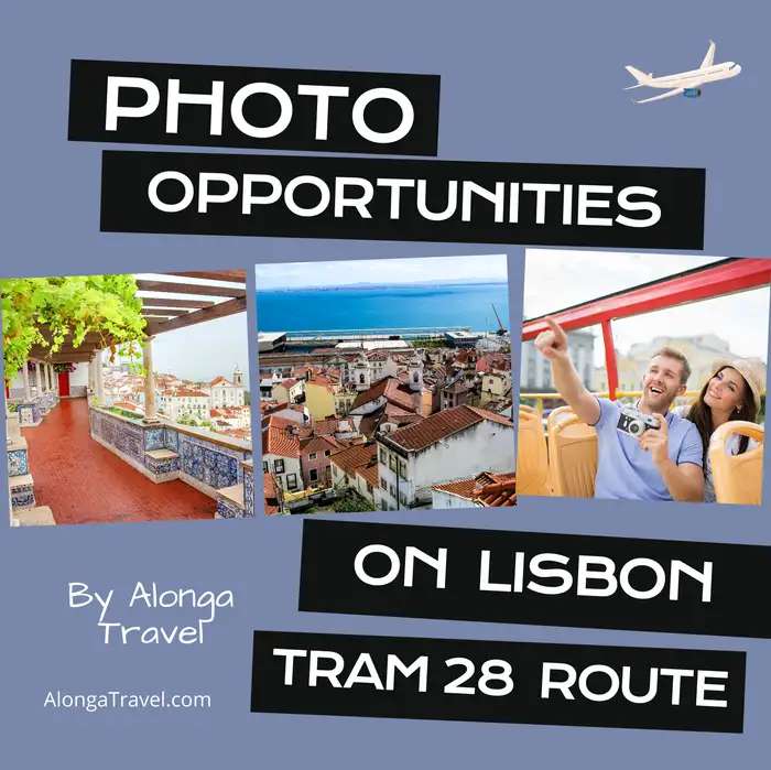 3 pretty scenes from Lisbon & a custom sign: 'Photo opportunities on tram 28 Lisbon'